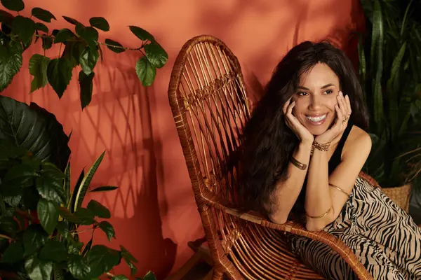 Una joven con hermoso cabello sonríe juguetonamente en una silla bohemia llena de plantas. - foto de stock