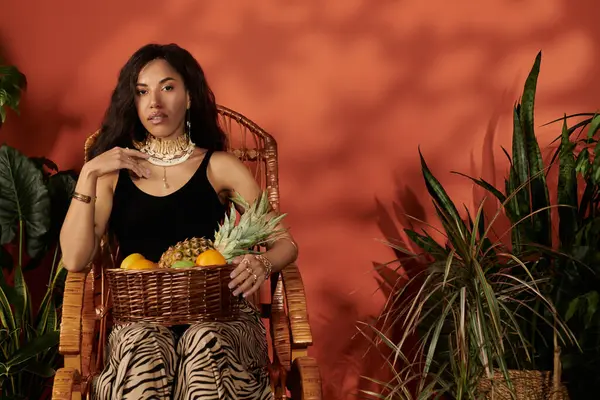 Une jolie femme assise sur une chaise en osier, entourée de plantes et de fruits tropicaux, incarnant l'été. — Photo de stock