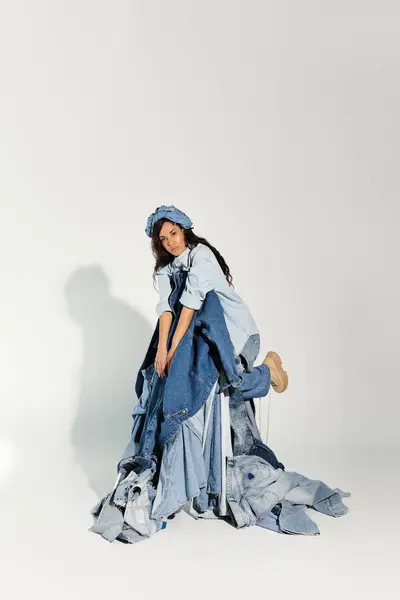 A young woman creatively showcases her fashion sense wearing an artistic denim outfit in warm light. — Stock Photo