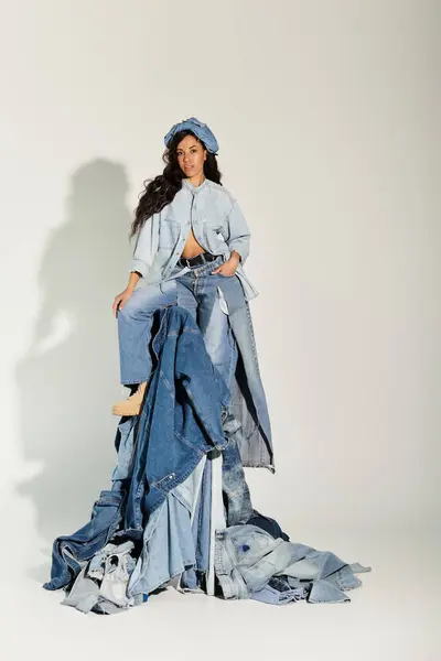 A young woman showcases summer style with trendy denim layers and bold fashion choices. — Stock Photo