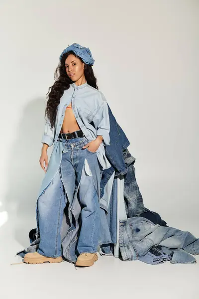 Young woman stands confidently in a stylish denim ensemble with summer vibes, surrounded by fabric. — Stock Photo