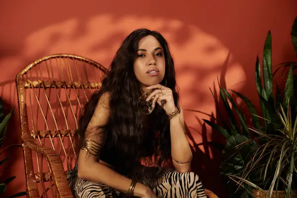 Une jeune femme confiante se détend dans une chaise confortable, élégamment habillée au milieu d'une végétation luxuriante. — Photo de stock