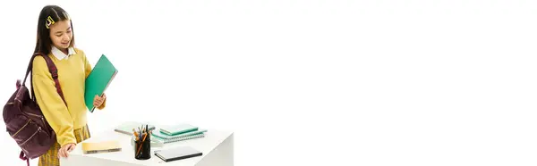 In a well-lit studio, a young schoolgirl in a fashionable uniform holds notebooks, ready for class, banner — Stock Photo