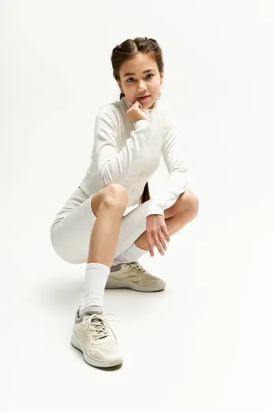 Ein junges Mädchen in modischer Sportbekleidung posiert in einem lebendigen Studio und strahlt Zuversicht aus. — Stockfoto