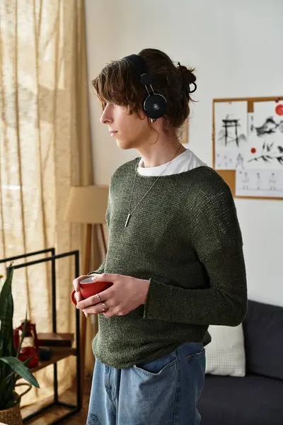 Ein junger Mann steht in einem gemütlichen Raum, nippt an einer Tasse und genießt einen friedlichen Moment. — Stockfoto