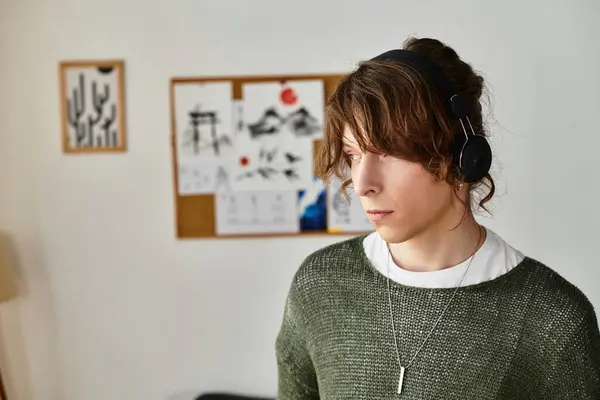 Un joven, con auriculares, se concentra en los estudios, rodeado de materiales creativos en casa. - foto de stock