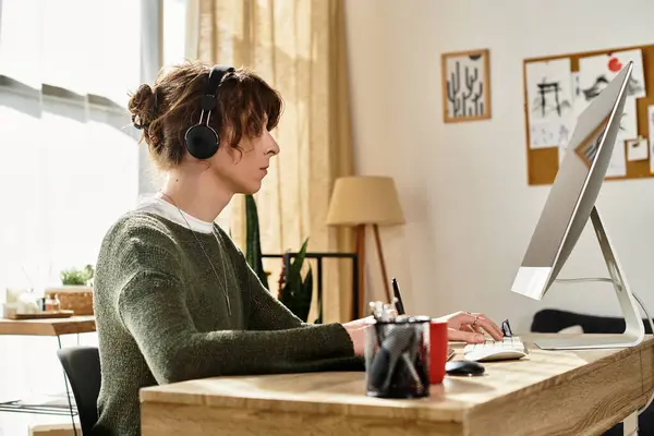 Il giovane concentrato in maglione accogliente lavora diligentemente a una scrivania, studiando e prendendo appunti. — Foto stock
