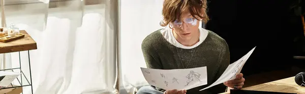 Man deeply engaged in reviewing artistic sketches at his cozy home, surrounded by natural light. — Stock Photo