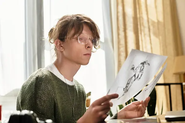 In a warm and peaceful setting, a young student examines sketches intently while studying. — Stock Photo