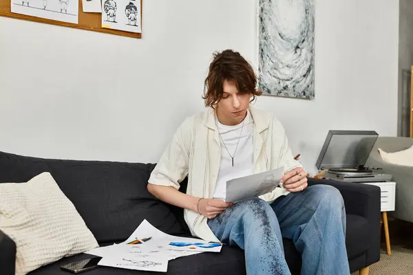 A young man studies at home, reviewing papers and sketches, immersed in his academic work. — Stock Photo