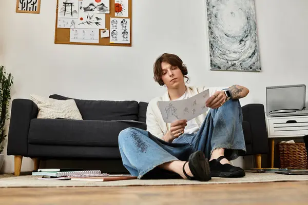 A young man sits comfortably at home, focused on his drawing while surrounded by art supplies. — Stock Photo