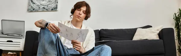 Concentrated young student creates artwork while sitting on a couch in a cozy home environment. — Stock Photo