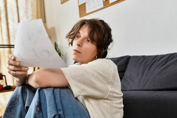 Un joven se sienta en casa, absorto en estudiar con los auriculares puestos mientras revisa notas. - foto de stock