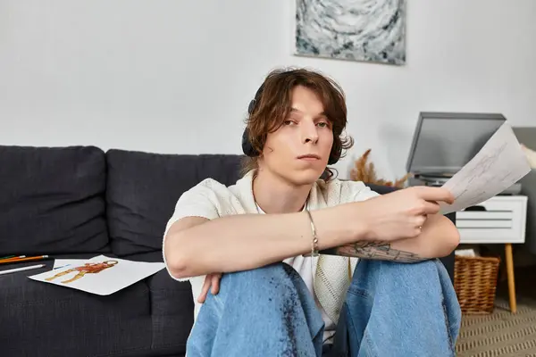 Un jeune homme s'assoit confortablement avec son dessin, plongé dans l'expression artistique dans sa maison. — Photo de stock
