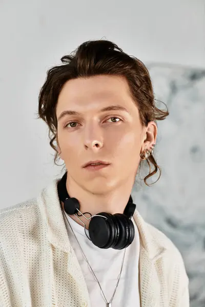Joven se dedica a estudiar en casa, con auriculares y centrado en sus tareas. - foto de stock