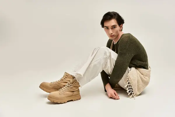 Eine junge nichtbinäre Person präsentiert ein trendiges Outfit, während sie anmutig sitzt und Zuversicht ausstrahlt. — Stockfoto
