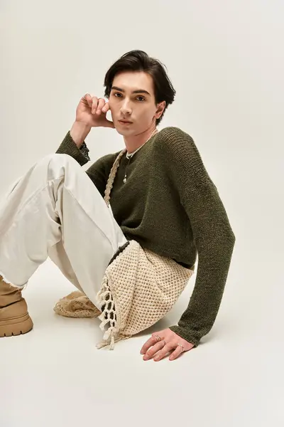 A young non-binary person poses elegantly on the floor, showing off their chic outfit. — Stock Photo
