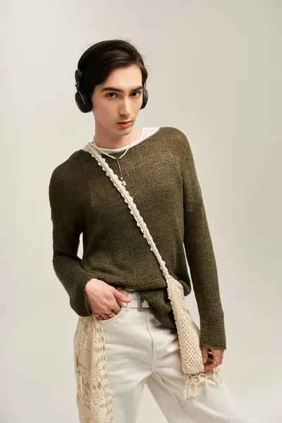 A young non binary person expresses their identity with a stylish outfit and accessories. — Stock Photo