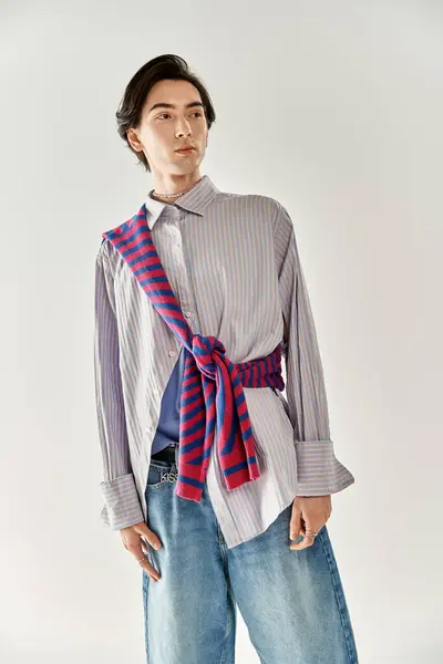 A young non binary person showcases fashionable attire with a colorful twist in a bright setting. — Stock Photo