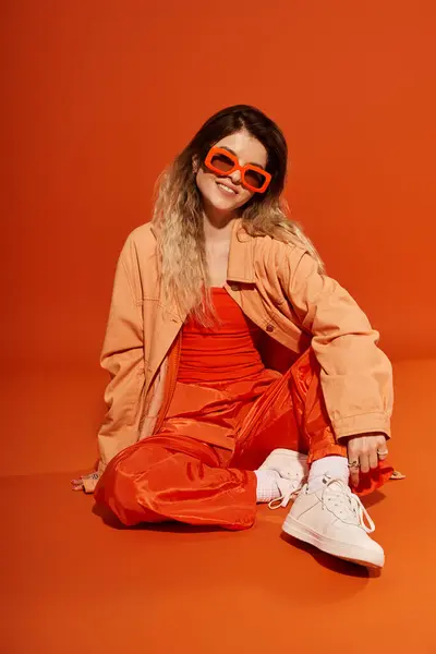 A joyful young woman shines in her stylish, vibrant outfit, showcasing her unique flair. — Stock Photo
