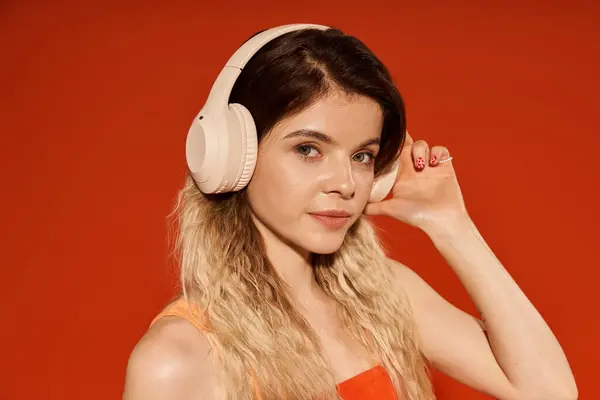 Una giovane donna mette in mostra il suo abito vibrante mentre si gode la musica su uno sfondo arancione audace. — Foto stock