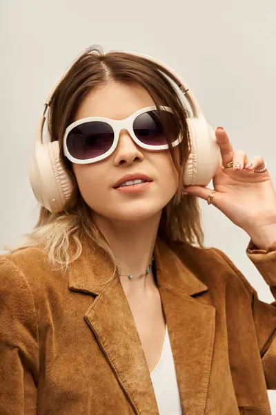 Confident young woman showcases her fashionable style with oversized sunglasses and headphones. — Stock Photo