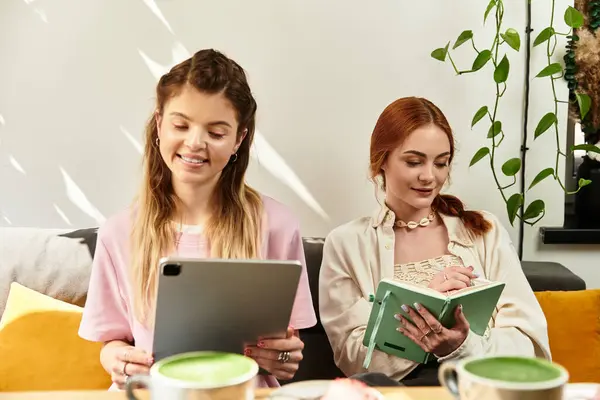 Due bellissimi amici si godono reciprocamente compagnia mentre lavorano a progetti creativi. — Foto stock
