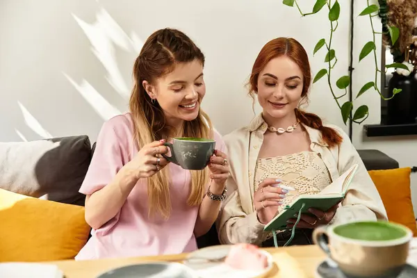 Duas jovens mulheres riem e se envolvem em conversas enquanto bebem bebidas em um café acolhedor. — Fotografia de Stock