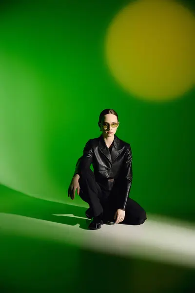 A confident woman in a black outfit crouches elegantly, highlighting her fashion sense and grace. — Stock Photo