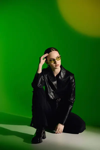 A beautiful young woman showcases modern fashion in a sleek black outfit, seated elegantly. — Stock Photo