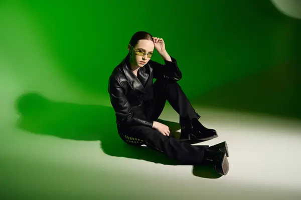 A young woman in a stylish black outfit poses thoughtfully against a green backdrop. — Stock Photo