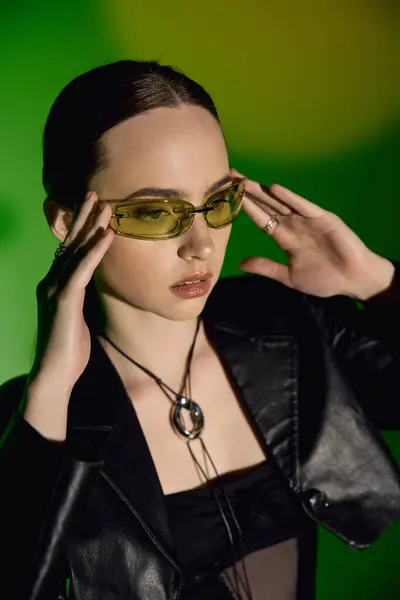 A beautiful young woman showcases her fashion sense in a sleek black outfit, set against green. — Stock Photo