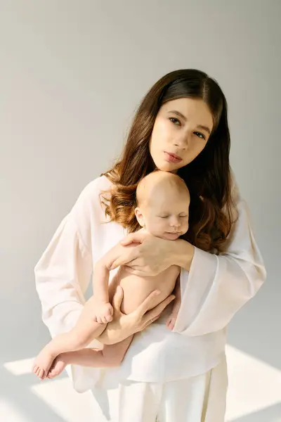 Una giovane madre culla il suo neonato in uno spazio luminoso e moderno, trasudando amore e connessione.. — Foto stock