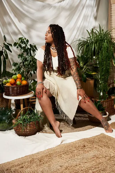 A pretty woman with braids poses elegantly in a summer dress, surrounded by lush plants. — Stock Photo