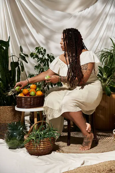 A pretty African American woman with braids enjoys a serene moment surrounded by lush plants. — Stock Photo