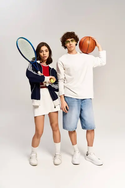 Stylish young couple exuding love and confidence, poised with tennis racket and basketball indoors. — Stock Photo