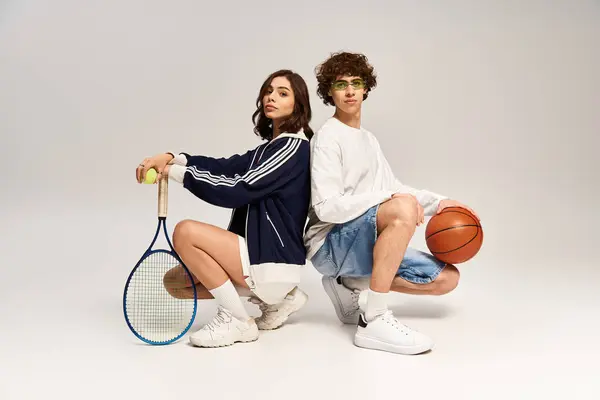 Trendy couple poses back to back with sports gear, showcasing their love for fun. — Stock Photo