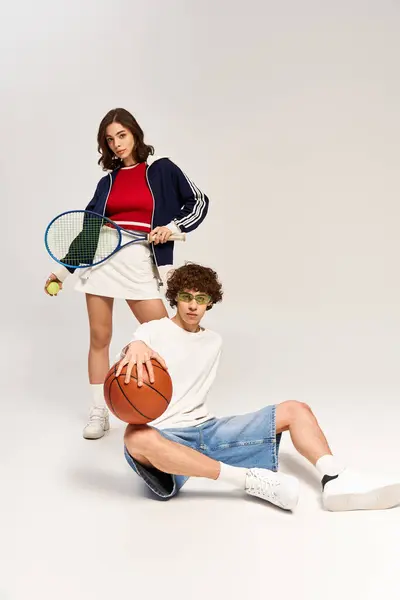 Giovane coppia esprime la loro passione per il tennis e basket mentre irradia amore e stile. — Foto stock