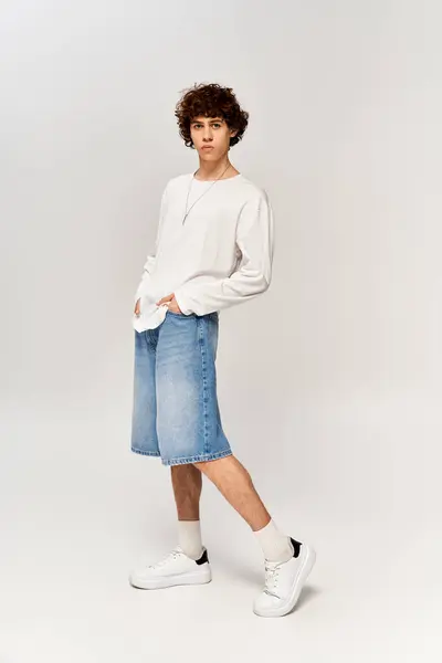 Ein stilvoller Mann in modischer Kleidung vor heiterem weißen Hintergrund. — Stockfoto