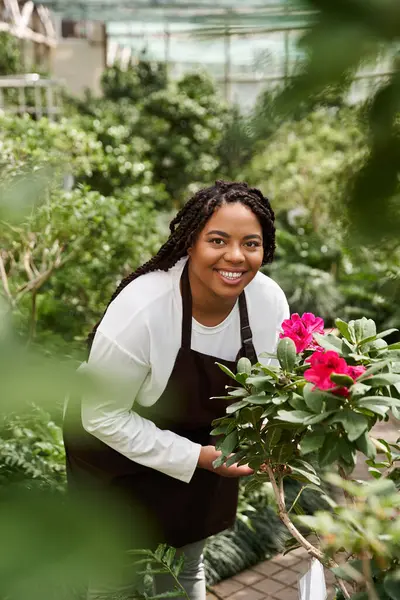 Una mujer afroamericana con trenzas tiende alegremente a flores brillantes en un invernadero. - foto de stock