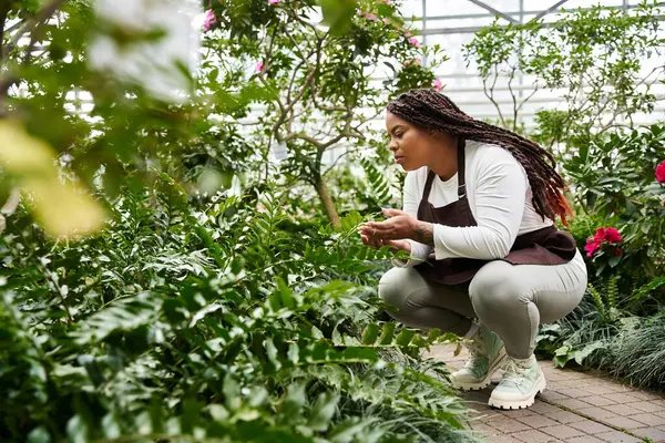 An African American woman tending to lush plants in a greenhouse, enjoying her gardening time. — Stock Photo
