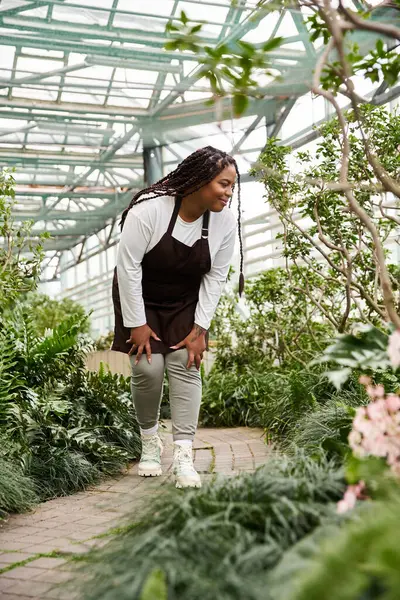 An African American woman with braids happily tends to plants in a lush greenhouse. — Stock Photo
