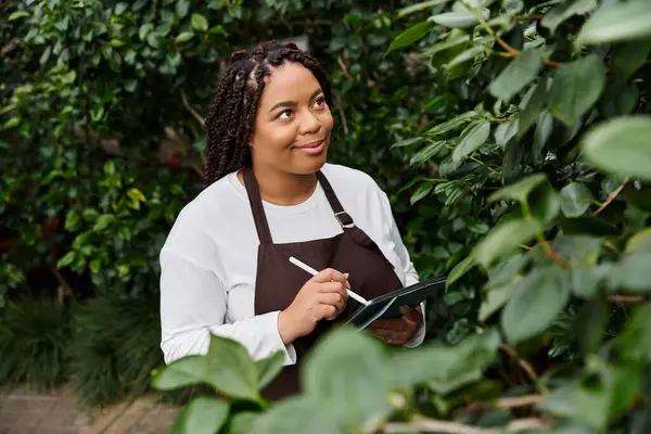 Uma mulher afro-americana com tranças gosta de nutrir suas plantas dentro de uma estufa. — Fotografia de Stock