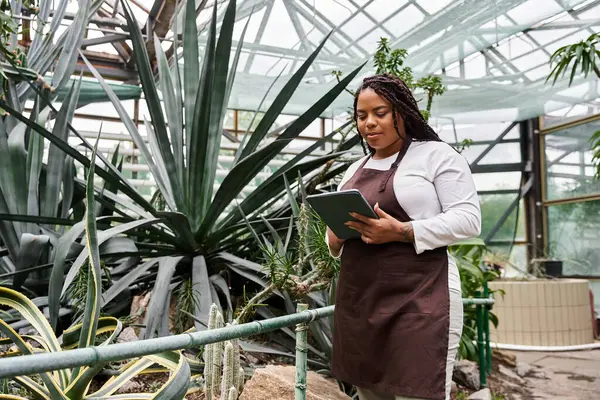 An african american woman with braids cares for thriving plants in a greenhouse while taking notes. — Stock Photo