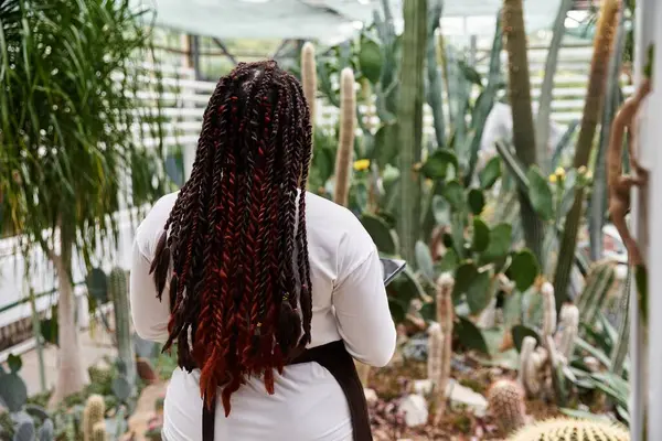 An african american woman with braids enjoys nurturing plants in a serene greenhouse. — Stock Photo