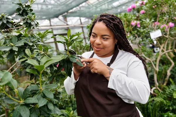 An African American woman tends to a plant in a vibrant, lush greenhouse. — Stock Photo