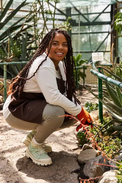 A smiling African American woman with braids tends to lush plants in a sunny greenhouse. — Stock Photo