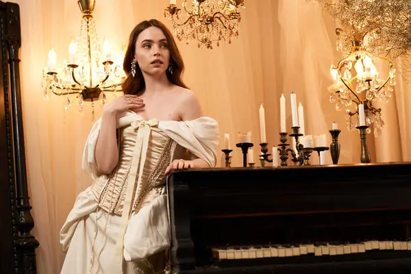 Una hermosa joven vestida con un elegante vestido vintage está a la par de un piano de cola. - foto de stock