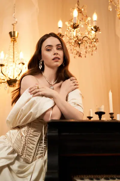 Uma bela jovem mulher vestida em um vestido vintage exala elegância enquanto suavemente posando dentro de casa. — Fotografia de Stock