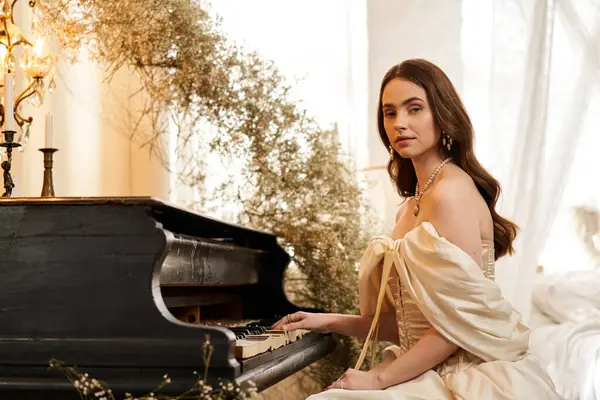 A beautiful young woman in a vintage dress sits gracefully at a piano, creating a serene atmosphere. — Stock Photo